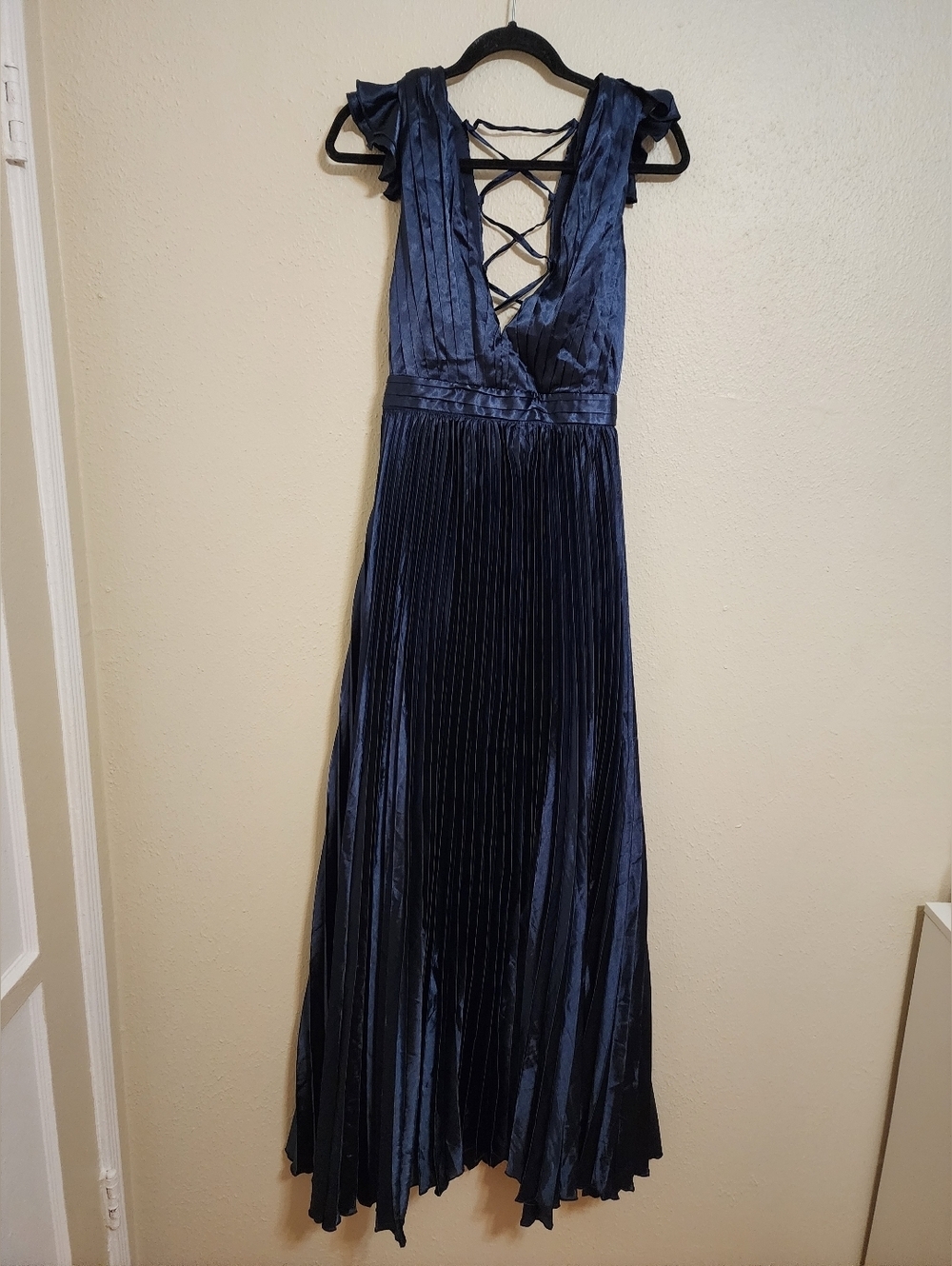 Lulus Exceptional Drama Navy Blue Satin Lace-Up Pleated Maxi Dress S Wedding - Picture 7 of 10